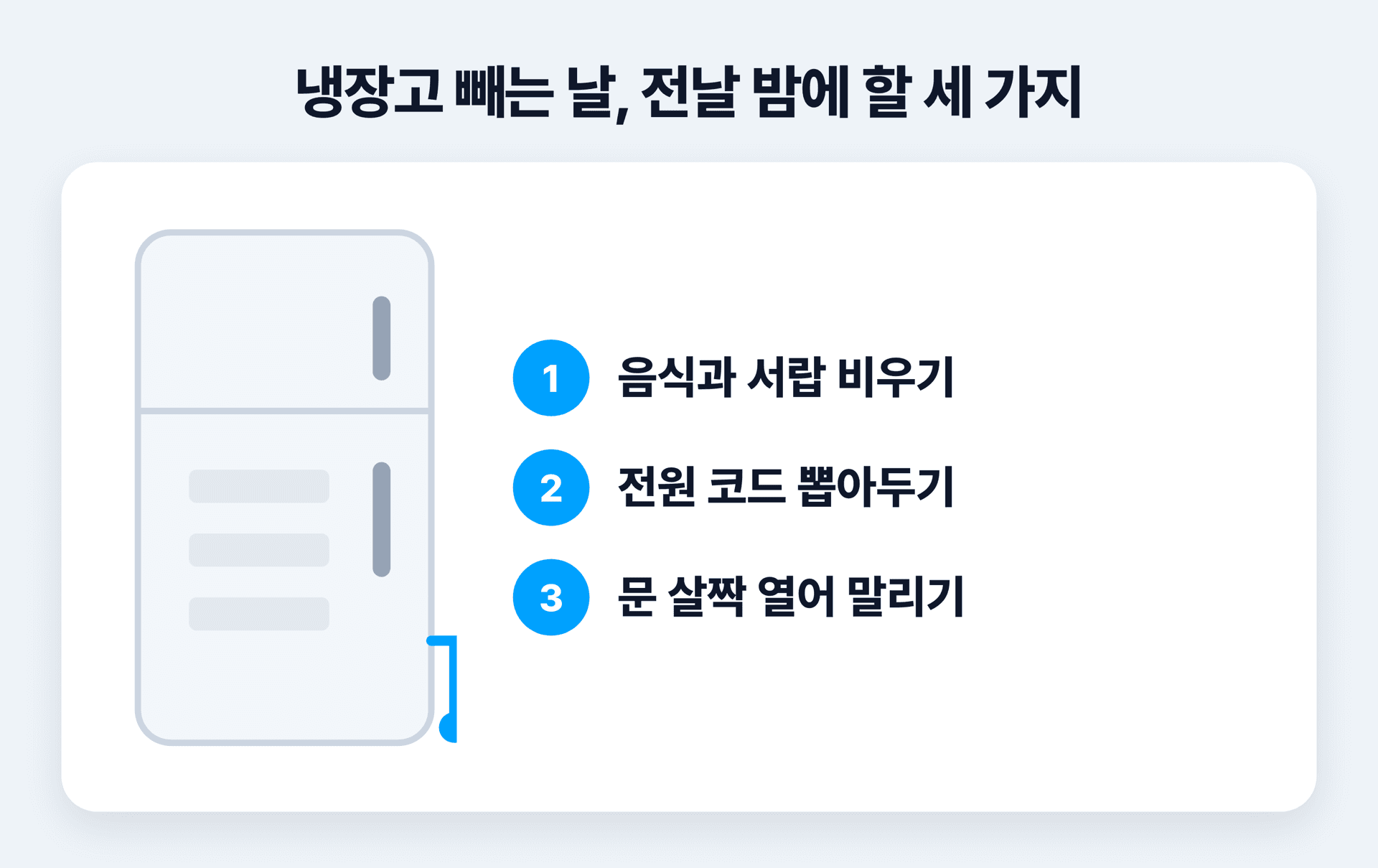 냉장고를 빼기 전날 밤에 음식과 서랍 비우기, 전원 코드 뽑아두기, 문 살짝 열어 말리기 세 가지를 해두라는 안내