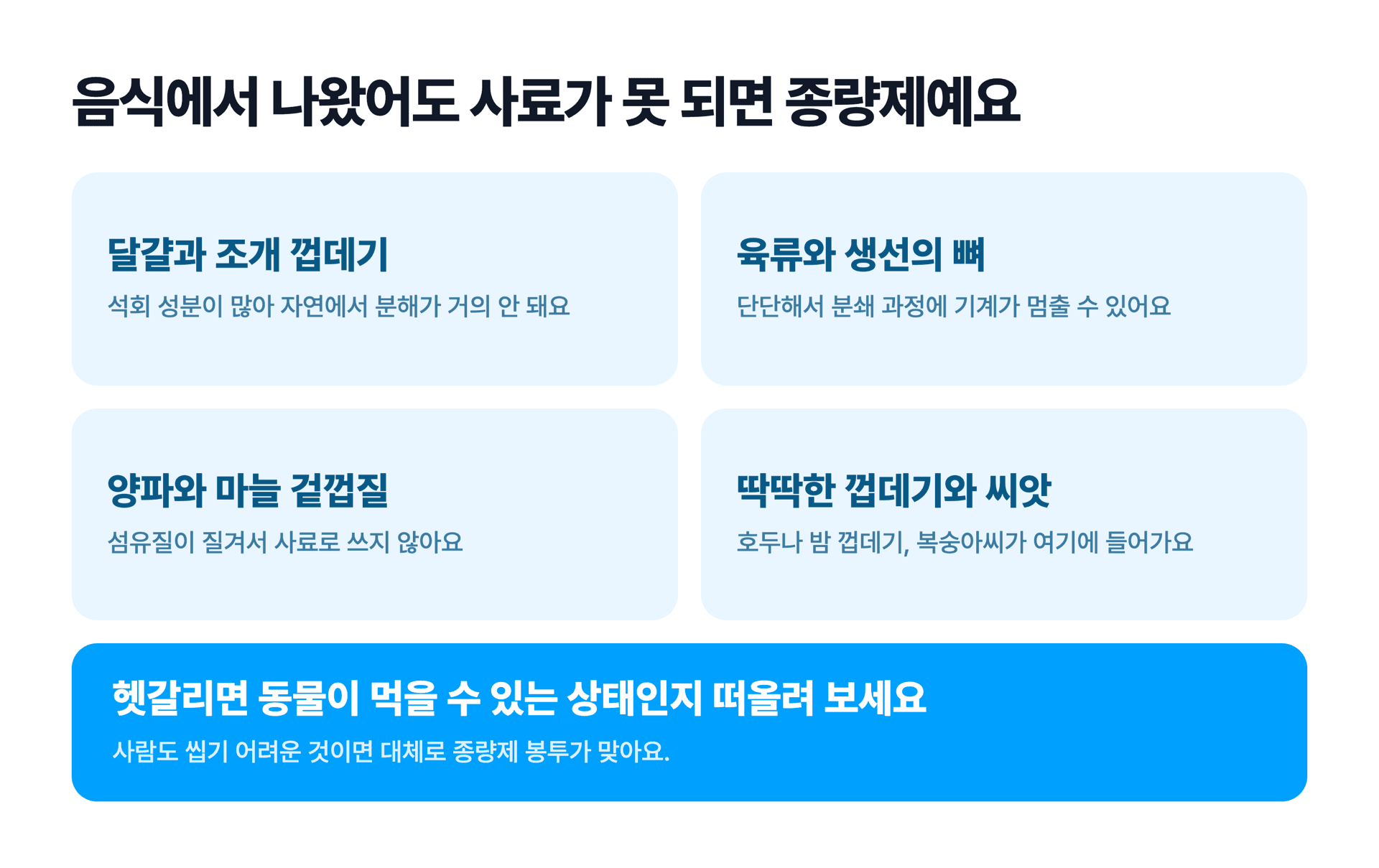 음식에서 나왔어도 사료가 될 수 없으면 종량제 봉투로 버린다는 안내