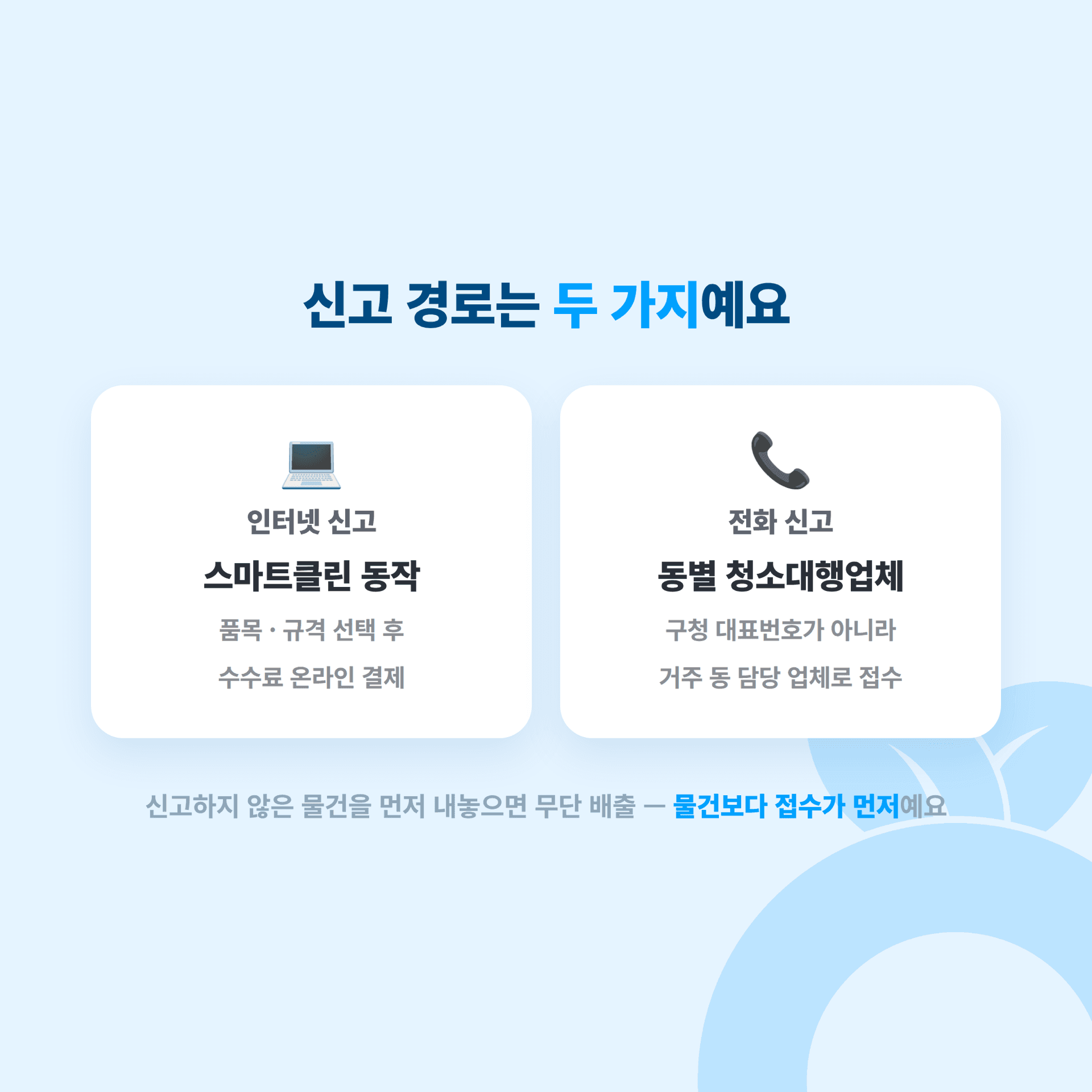 동작구 대형폐기물 신고 경로 두 가지. 스마트클린 인터넷 접수와 동주민센터 전화 접수