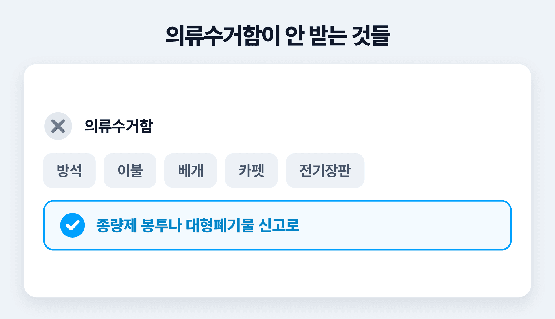 의류수거함이 받지 않는 품목으로 방석과 이불, 베개, 카펫, 전기장판이 적혀 있고 종량제 봉투나 대형폐기물 신고로 가야 한다는 안내