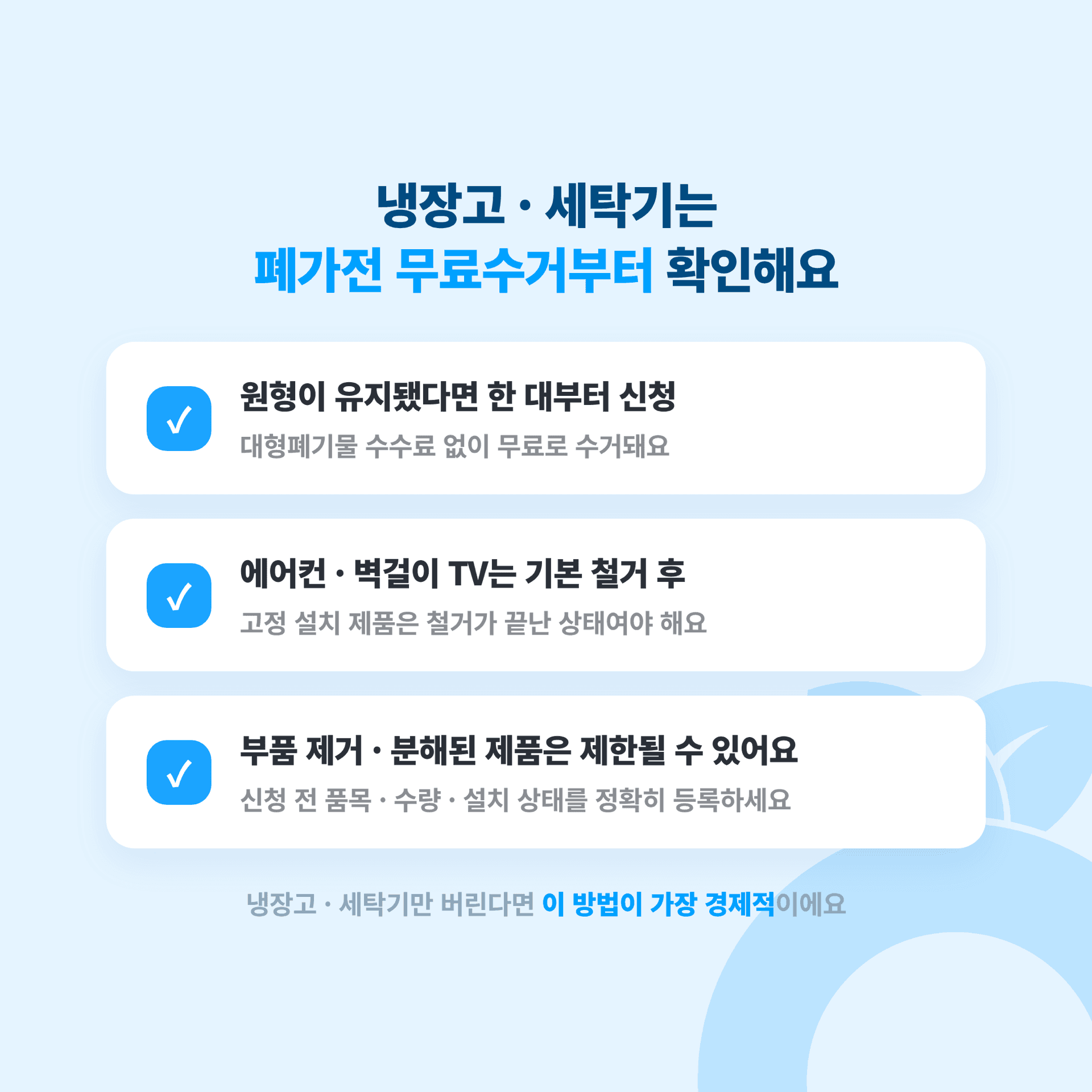 냉장고와 세탁기, 에어컨, TV는 폐가전 무상방문수거 대상이라는 안내